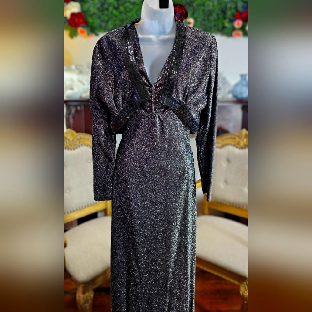 Vintage Retro 1970s Black&Silver sparkly Lurex Dress w-matching sequin Bolero